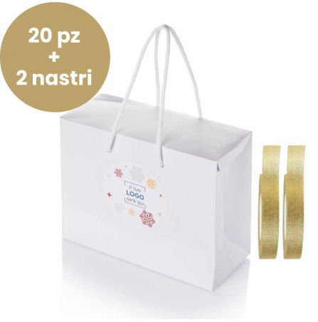 Shopper Box Bianca personalizzata 20 pz + 2 nastri - Grafica Fiocco di Neve