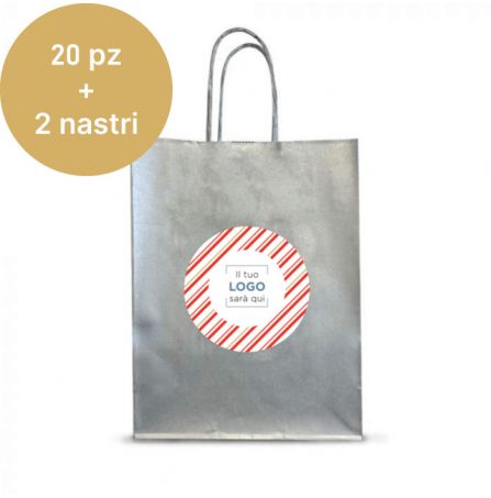 Shopper Argento personalizzata 20 pz + 2 nastri - Grafica Albero di Neve