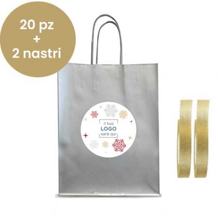 Shopper Argento personalizzata 20 pz + 2 nastri - Grafica fiocco di neve