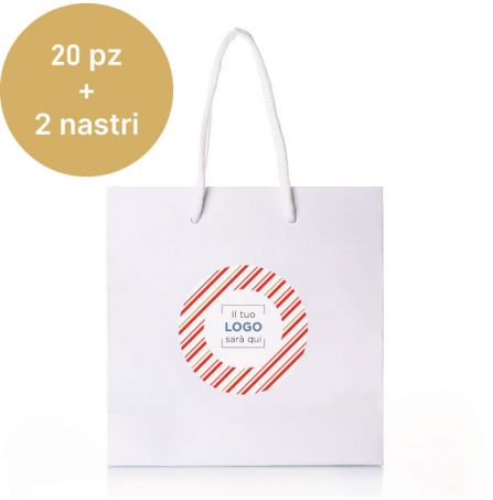 Shopper Bianca personalizzata 20 pz + 2 nastri - Grafica Albero di Neve
