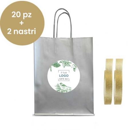 Shopper Argento personalizzata 20 pz + 2 nastri - Grafica Verde Magia